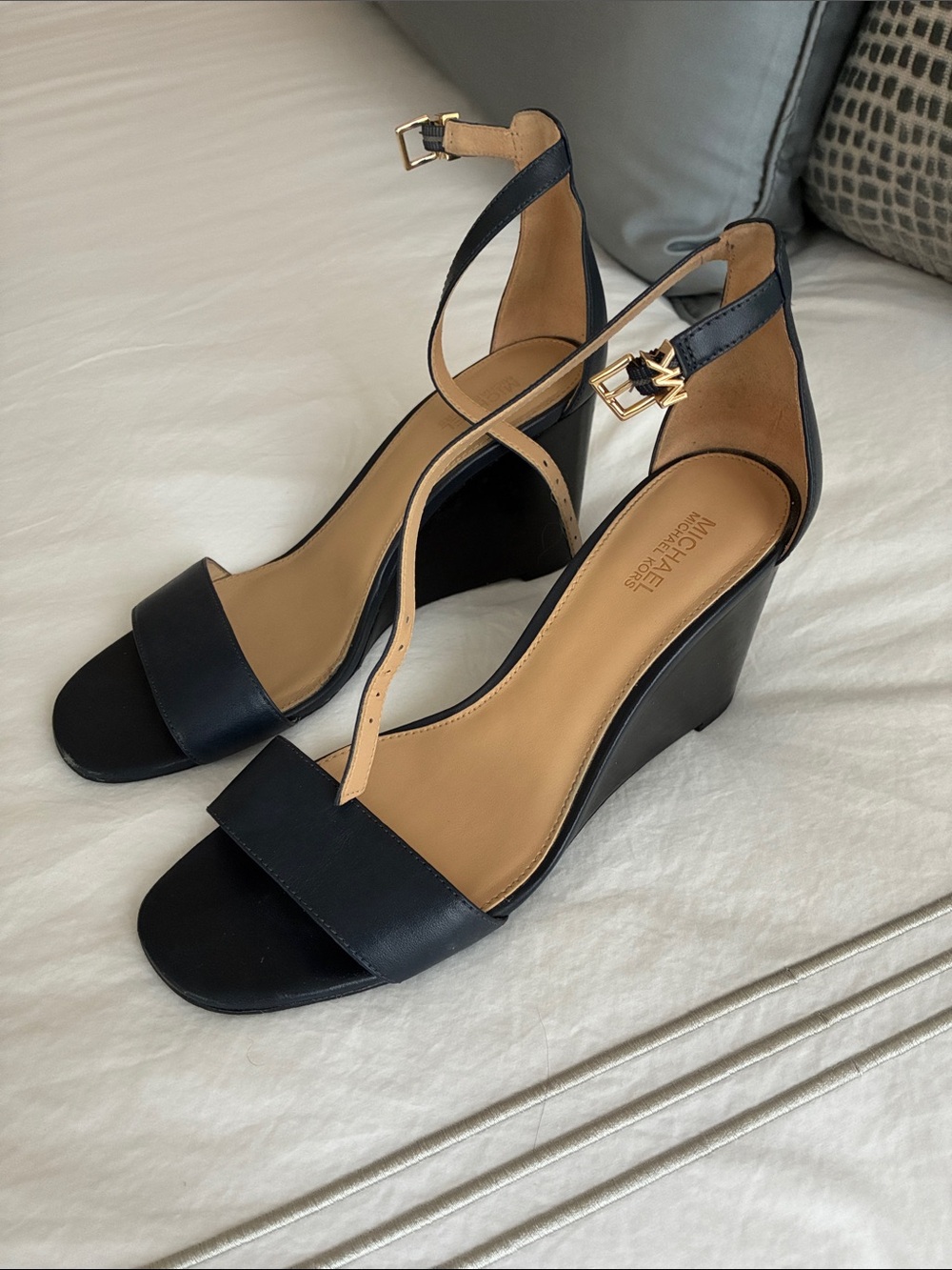 Michael Kors Navy Blue Wedge Sandals with Gold Buckle